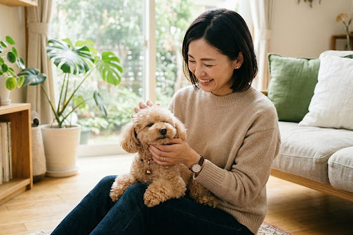 膝の上でトイプードルを撫でる飼い主
